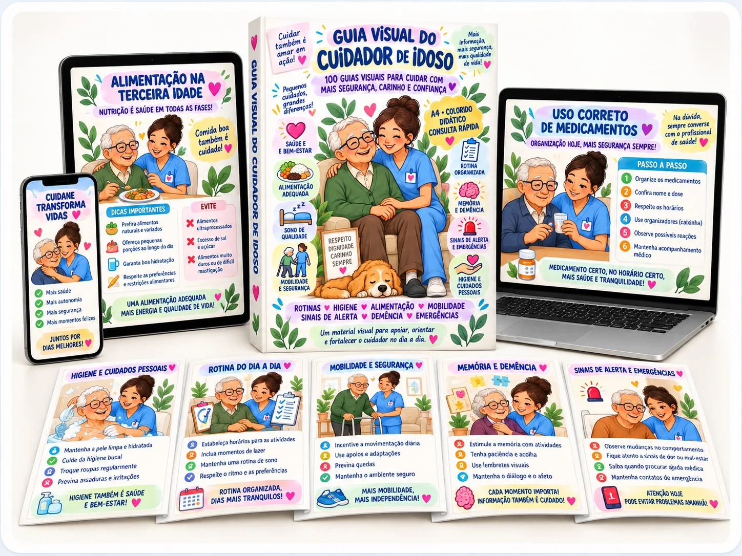 Mockup dos 100 Guias Visuais do Cuidador de Idosos em livro, celular, tablet e computador